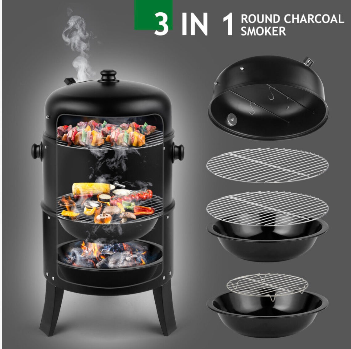 3 in 1 Temperature Display BBQ Grill Charcoal Smoker Barbecue Garden Outdoor