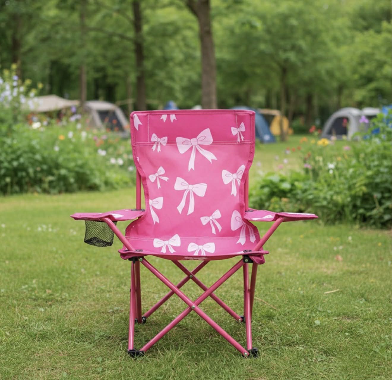 PRE-ORDER Kids Bow Print Foldable Camping Chair - Hot Pink