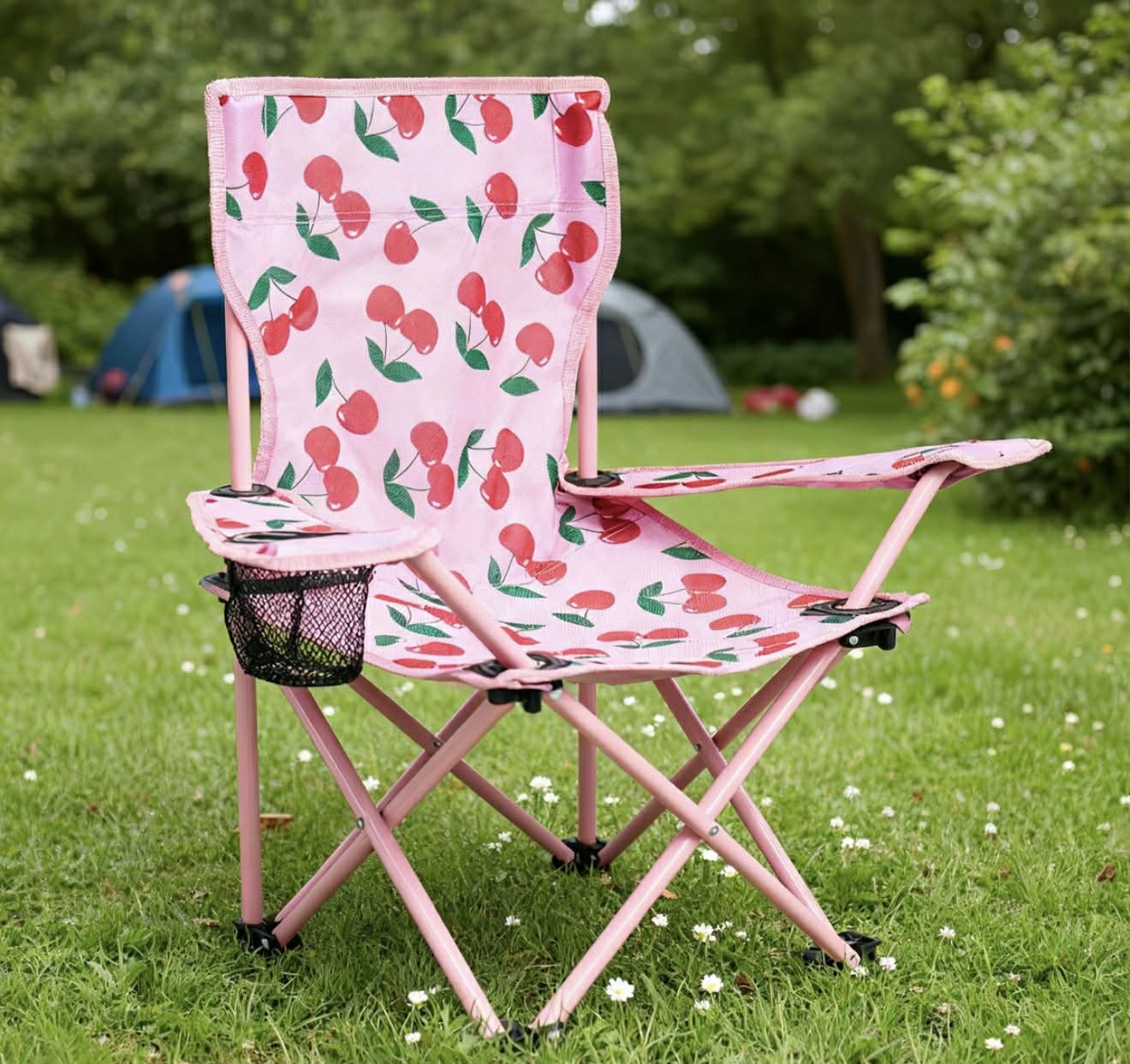 Cherry Print Foldable Camping Chair - Pink