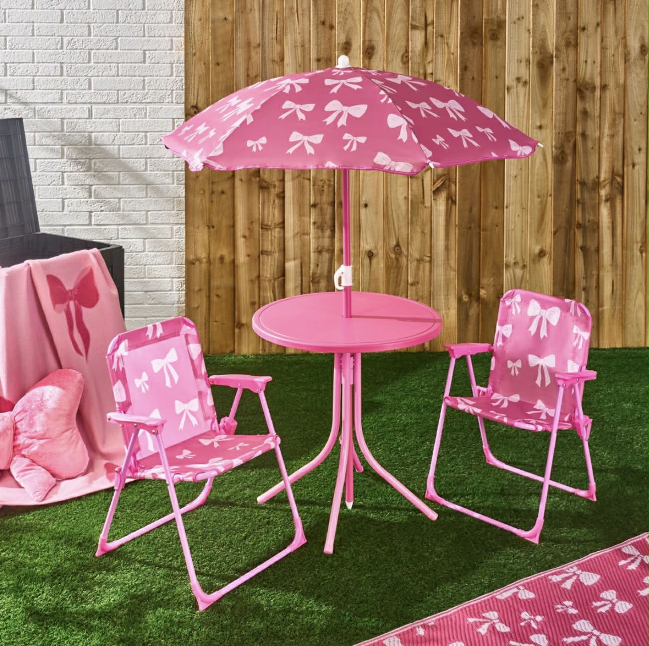 Kids Bow Print Bistro Set with Parasol - Hot Pink