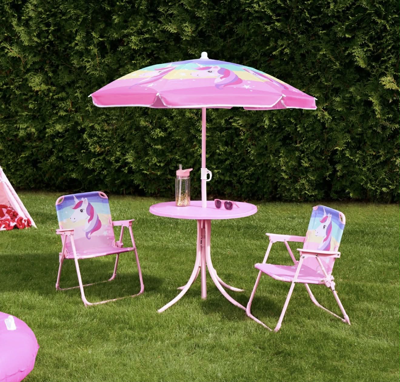 Kids Unicorn Print Bistro Set with Parasol - Pink