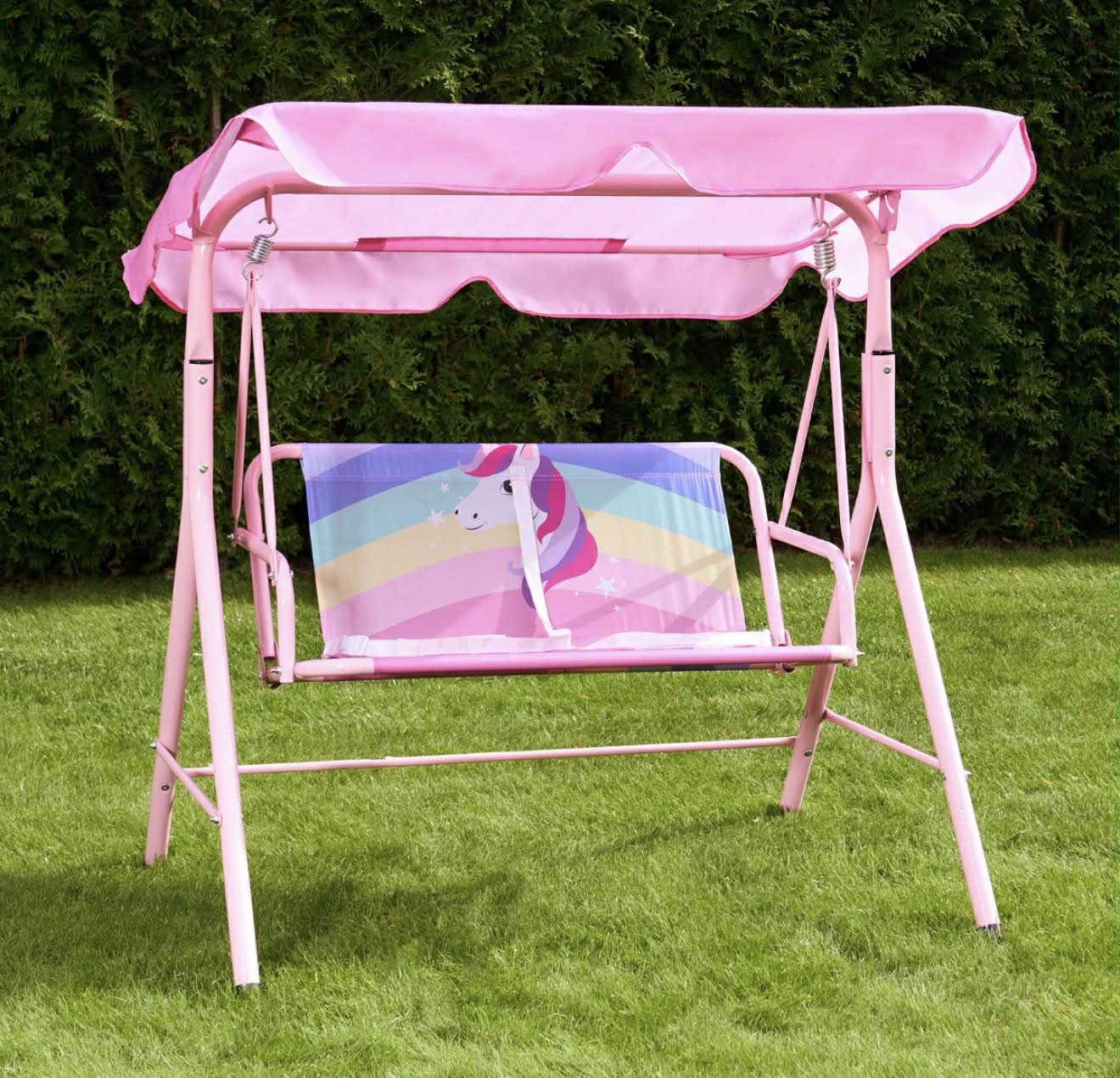 Kids Unicorn Print Swing Bench with Canopy - Pink