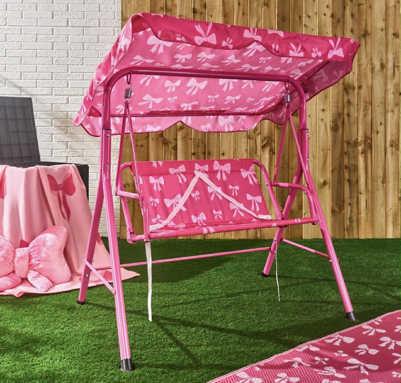 Kids Bow Print Swing Bench with Canopy - Hot Pink
