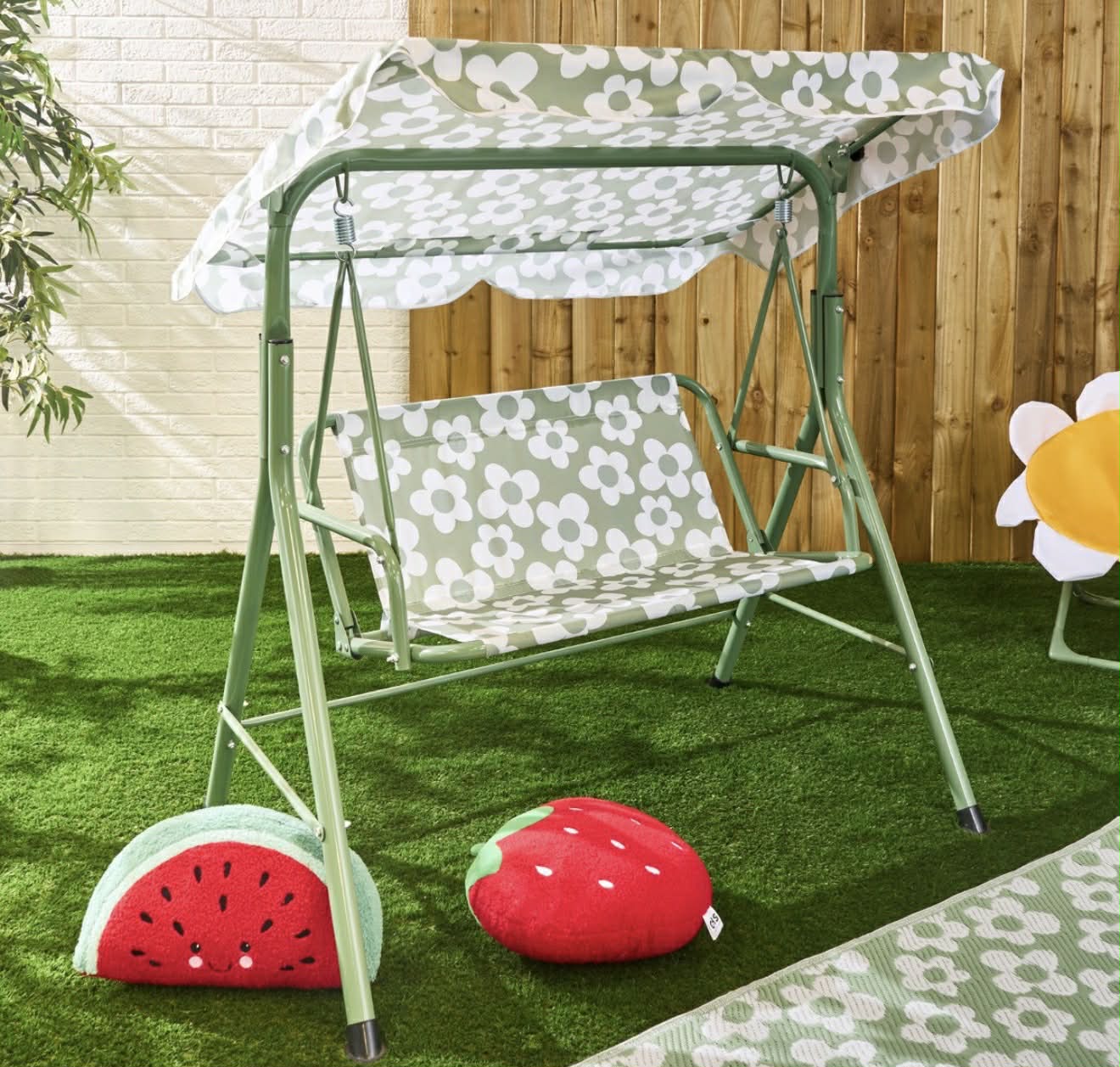 OHS Kids Daisy Print Swing Bench with Canopy - Sage/White