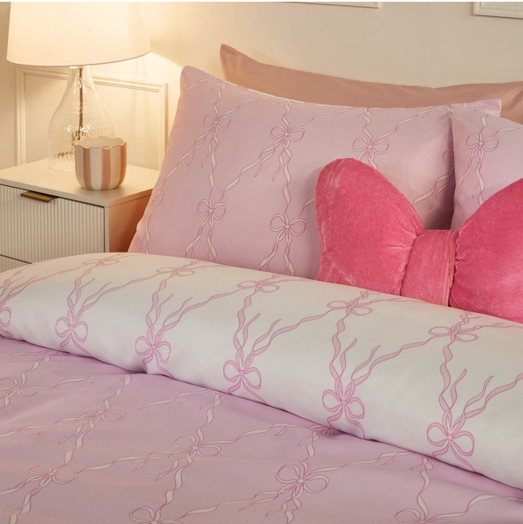 Bow Ribbon Print Reversible Duvet Cover Set - Pink/White