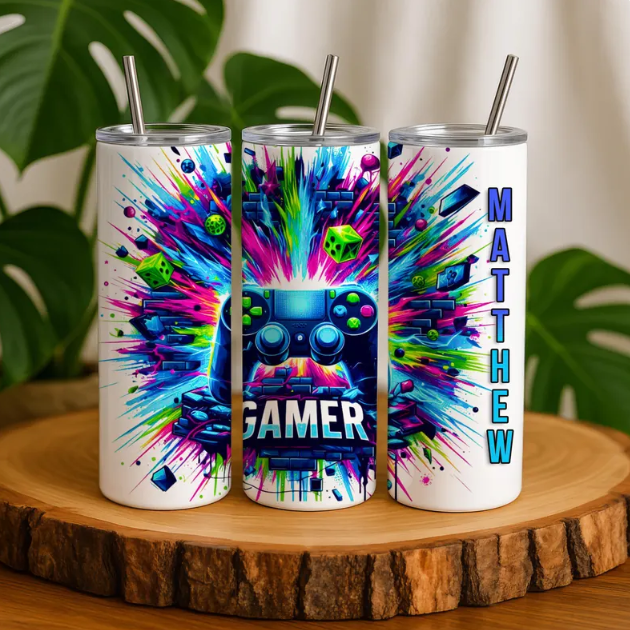 Personalised Gamer Tumbler, Colorful Video Game Controller Design, 20oz