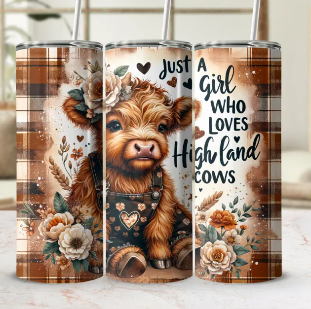 Highland Cow Tumbler: Floral Plaid 20oz Stainless Steel Cup