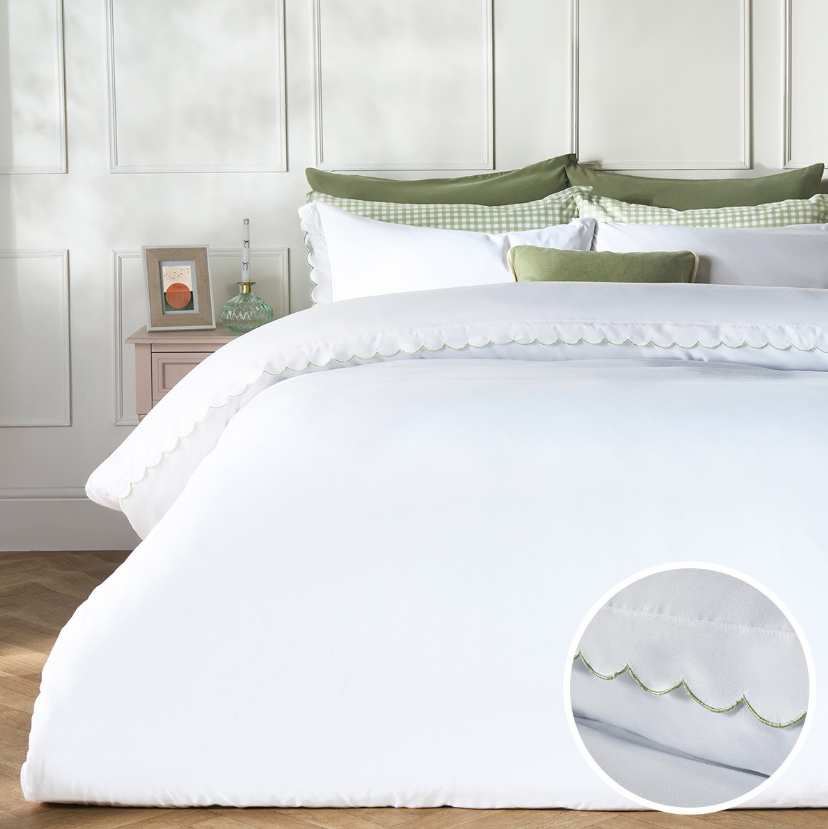 Scallop Edge Contrast Duvet Cover Set - White/Sage