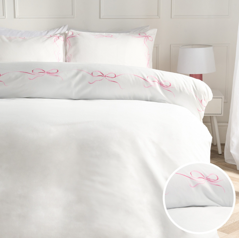 Bow Border Duvet Cover Set - White/Pink