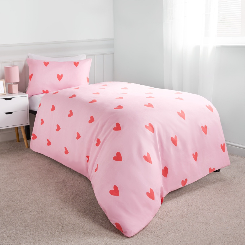 Gingham Heart Reversible Duvet Cover Set - Coral/Pink