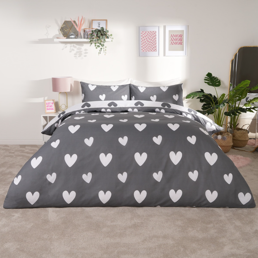 Heart Print Duvet Cover Set - Charcoal