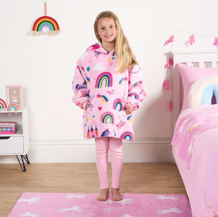 Kids Unicorn & Rainbow Kingdom Print Hoodie Blanket - Pink