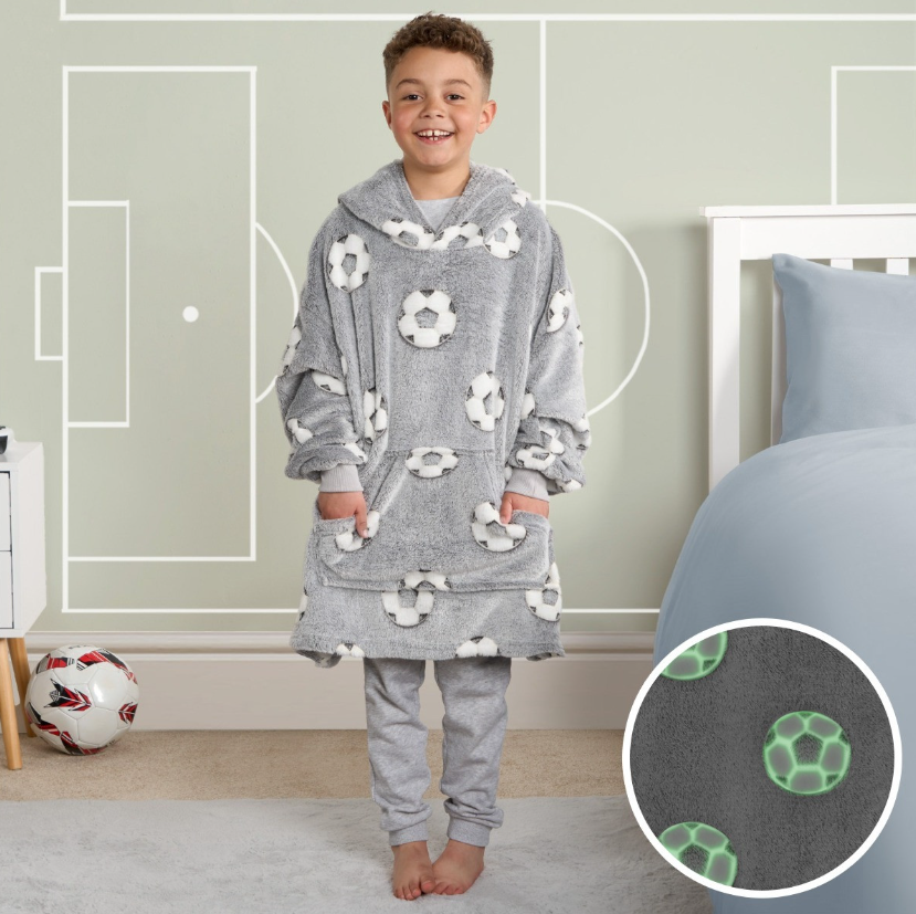 Kids Glow In The Dark Football Hoodie Blanket - Grey