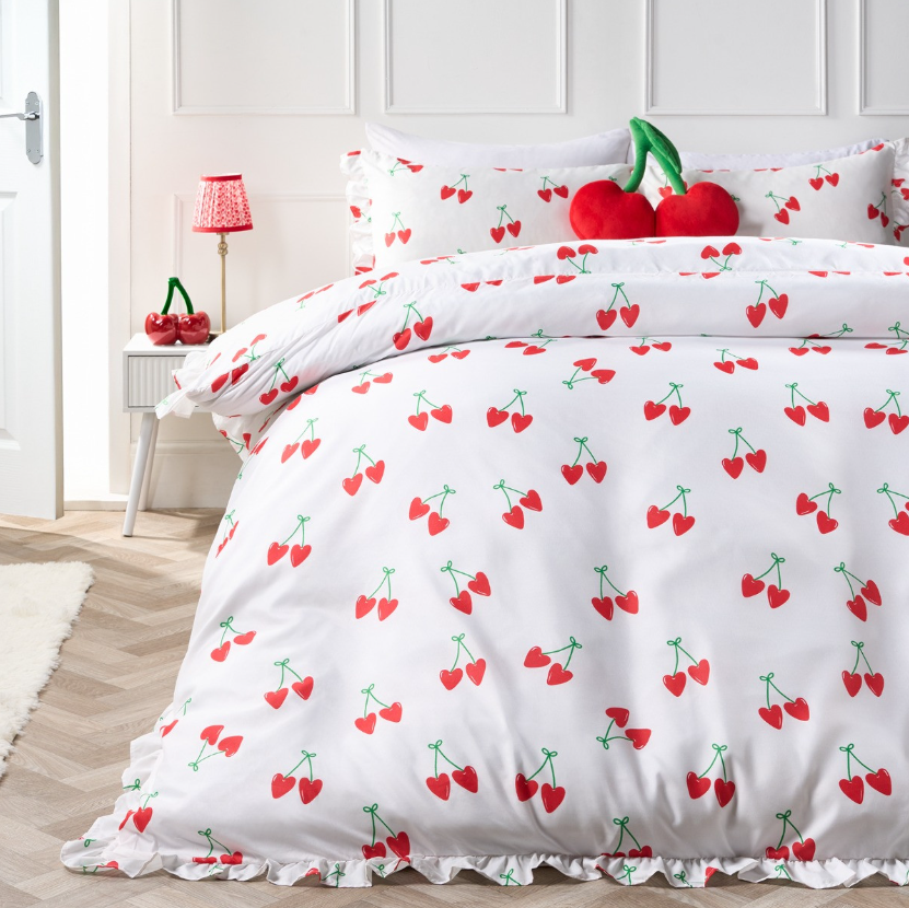 Cherry Print Frill Edge Duvet Set - White/Red
