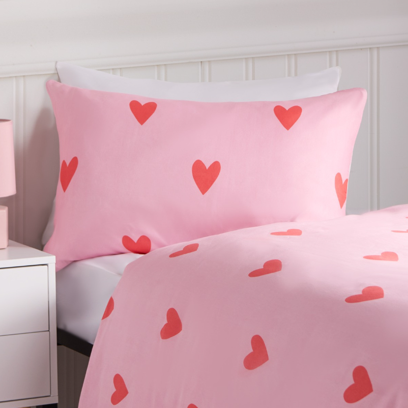 Gingham Heart Reversible Duvet Cover Set - Coral/Pink