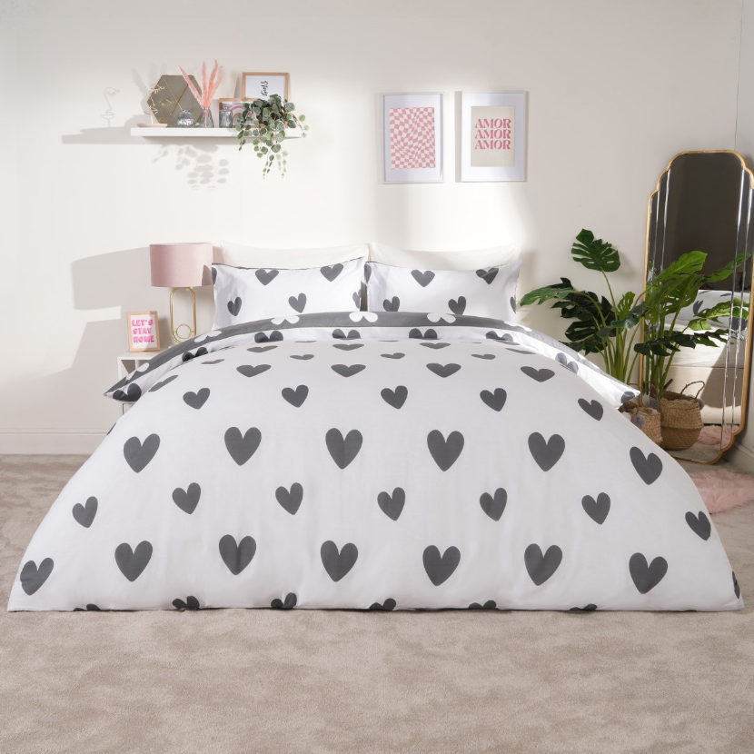 Heart Print Duvet Cover Set - Charcoal