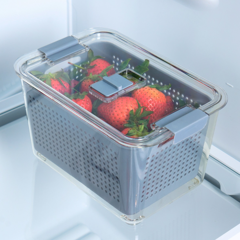 Fridge Container With Removable Basket, Medium - Grey/Clear